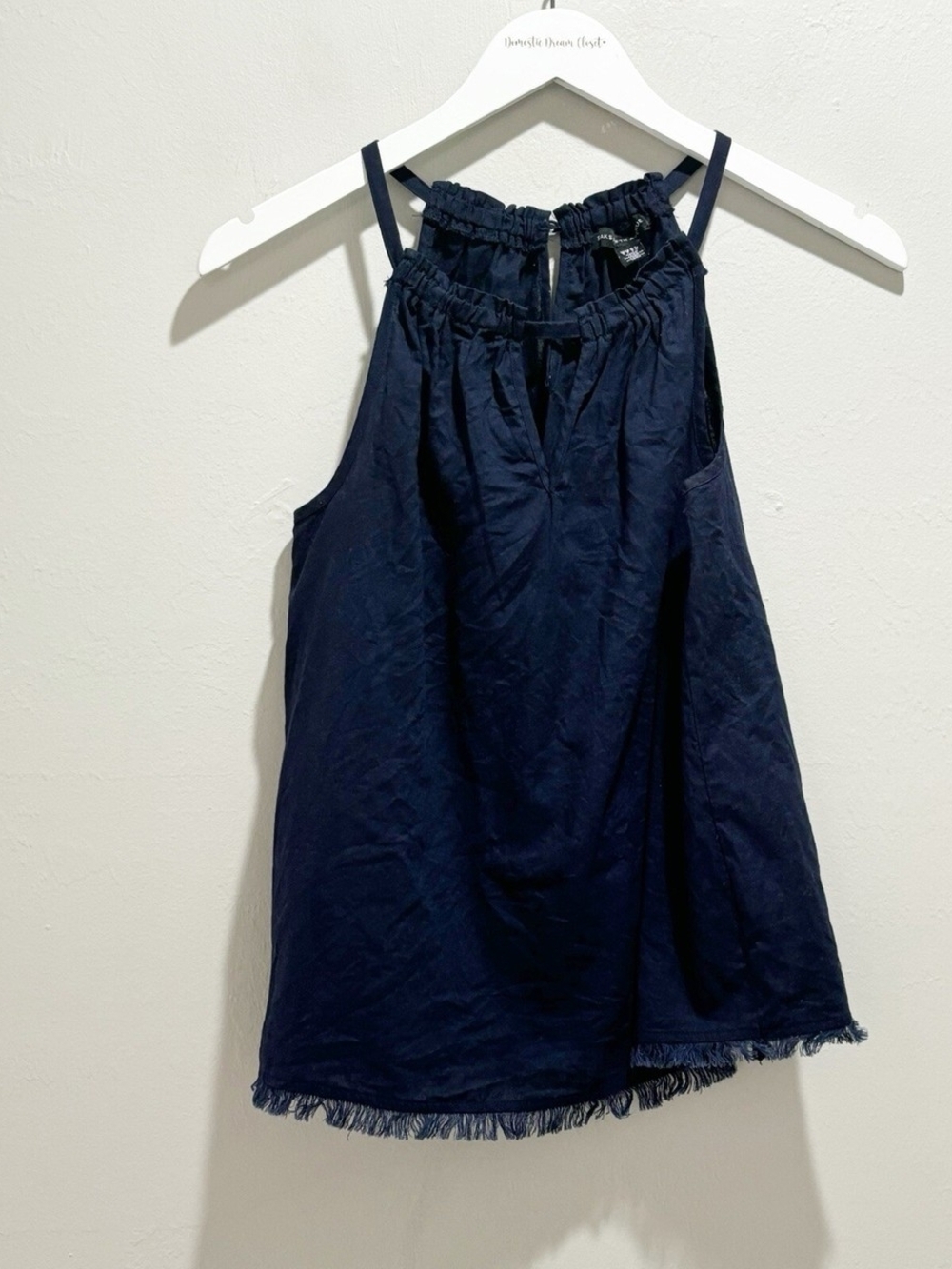 SAKS FIFTH AVENUE Women’s Navy Blue Linen Blend Halter Keyhole Neckline Top Sz S